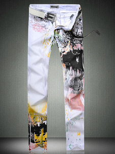 Jean blanc coupe droite en denim artistique imprimé fleuri