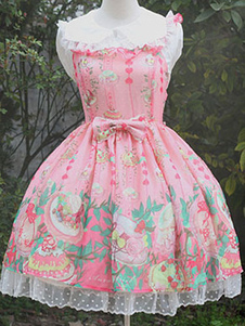 Belle Lolita Robe rose à bretelles en chiffon impression avec dentelle sans manches