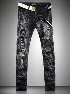 Jean noir coupe droite en denim impression 3D imprimé fleuri