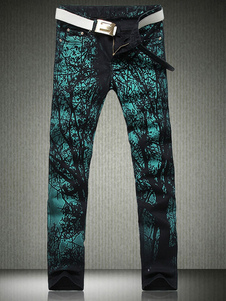 Jean coupe droite en denim imprimé feuilles et fleuri