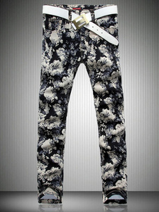 Jean coupe droite en denim noir motif rose imprimé fleuri