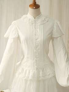 Chemisier lolita doux en coton unicolore avec dentelle