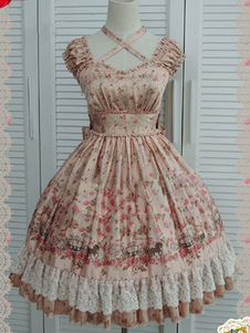 Lolita Robe champagne charmante à bretelles en chiffon impression avec dentelle sans manches