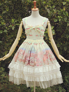 Belle Lolita Robe beige à bretelles en chiffon impression avec dentelle sans manches