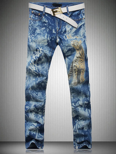 Jean bleu coupe droite en denim imprimé animal et fleuri