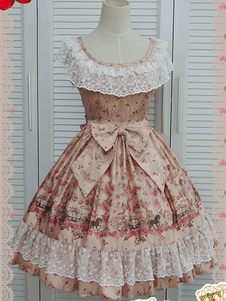 Belle Lolita Robe champagne à bretelles en chiffon impression avec dentelle sans manches