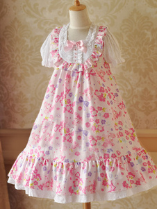 Lolita Robe rose charmante en coton impression avec dentelle douse