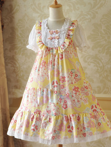 Lolita Robe jaune attirante en coton impression avec dentelle douse