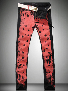 Jean noir coupe droite en denim imprimé étoile et fleuri