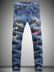 Jean bleu coupe droite en denim imprimé animal imprimé fleuri