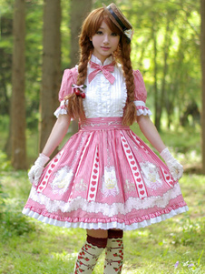 Lolita Robe rouge charmante en polyester impression avec dentelle douse