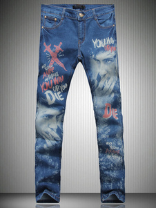 Jean bleu coupe droite en denim impression 3D imprimé fleuri