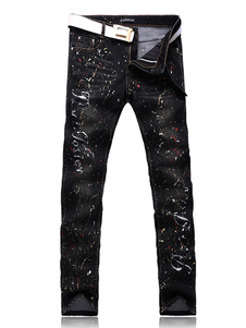 Jean noir coupe droite en denim imprimé lettres et fleuri