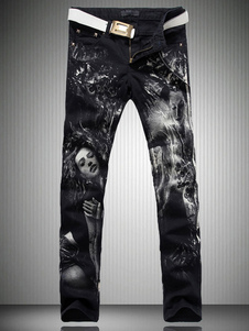 Jean noir coupe droite en denim impression 3D imprimé fleuri