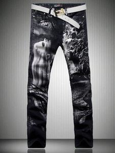 Jean bleu coupe droite en denim impression 3D imprimé fleuri