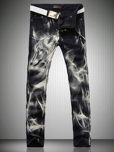 Jean noir coupe droite en denim imprimé animal et fleuri