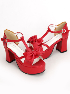 Lolita rouge Pony Chunky talons chaussures Platform cheville sangle Bow
