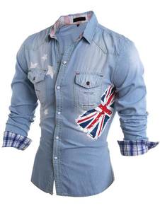 Chemise Slim Denim bleu Casual pour homme avec impression drapeau
