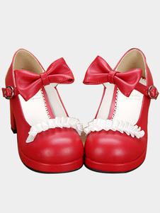 Rouge/noir Lolita poney Chunky talons chaussures ruban blanc Bow garniture Decor