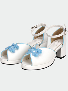 Blanc Qi Lolita sandales Chunky poney talons boutons bleu de Style chinois
