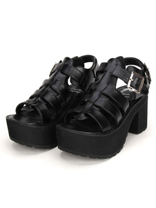 Matte Black Lolita sandales carré talons plateforme carré boucles