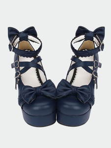 Lolita bleu marine poney Chunky talons chaussures Platform cheville sangles Boucles boucles de forme