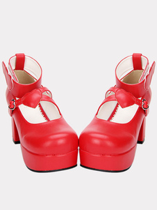 Lolita rouge Pony Chunky talons chaussures Platform cheville coeur forme Decor boucle bout rond