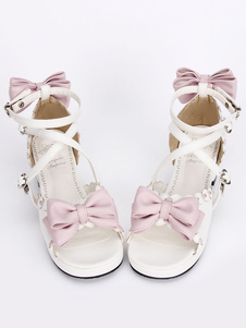 Sangles de cheville talons Sweet White Lolita sandales carré rose boucles