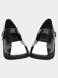 Matte Black White Lolita Chaussures bas talons carré boucle