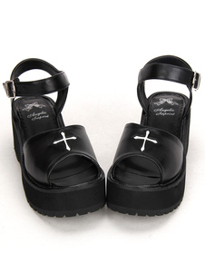 Boucle de sangle de cheville impression Croix et Gothic Lolita noir Platofrm sandales blanche