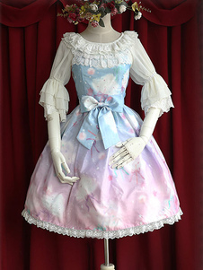 Organza Sweet Lolita cavalier jupe Rainbow Cotton Candy impression dentelle garniture Lace Up Shirri