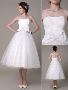 Robe de mariage ivoire magnifique en tulle avec noeud bustier longueur mollet