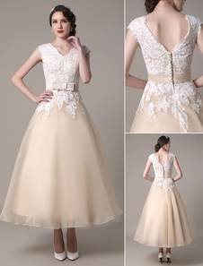 Robe de mariée champagne gracieuse tissu de satin avec dentelle col V longueur cheville