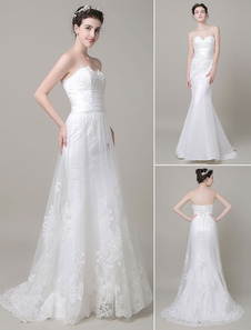 Robe de mariage ivoire fabuleuse sirène en dentelle avec ceinture encolure en coeur avec traîne