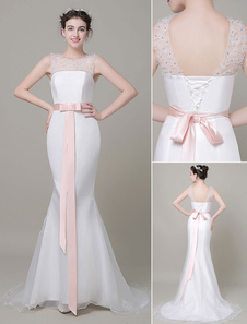 Robe de mariée ivoire gracieuse sirène en tulle avec ceinture cou translucide avec traîne