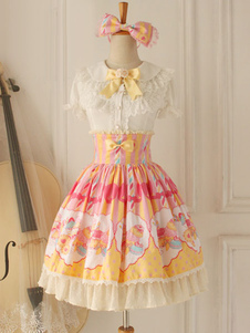 Jupe Lolita jaune douse excellente en coton impression avec noeuds