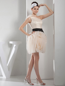 Robe de bal courte d’une épaule fleurs Organza plissé Mini Graduation