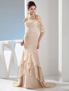 Robe de soirée Mermaid Champagne hors-la-épaule Tribunal Train manches courtes dentelle