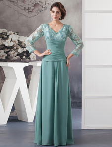 Robe de soirée mariée de Mère dentelle parole longueur a-ligne mousseline de soie plissée col v