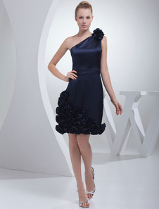Robe de Cocktail courte une épaule de Satin fleurs marine