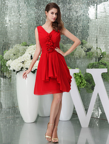 Robe de bal de Cocktail Mousseline de soie Homecoming plis perlant plongeantcourte a-ligne