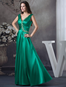 Robe de mariée soirée de Mère poule Satinée a-ligne perles plissé plongeant-parole longueur