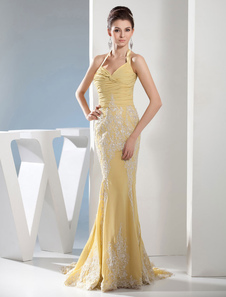 Robe de soirée en mousseline de soie Sweetheart plissé perles Chaple Train dentelle