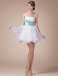 Robe de bal blanche courte plissée Pastel couleur contraste lacer Organza