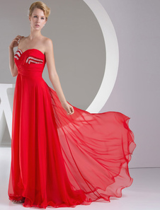 Robe de bal soirée rouge Tribunal Train bretelles sweetheart perles en mousseline de soie a-ligne