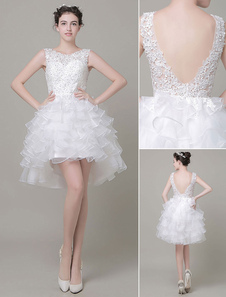 Chic Robe de mariée ivoire A-ligne en organza avec perles col rond asymétrique