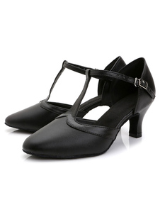 Attrayantes chaussures de latine en cuir noir à petits talons semelle souple et bout amande