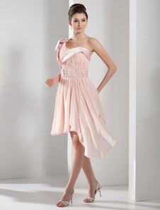 Robe de cérémonie A-ligne en satin mat rose rougissant à une épaule avec noeud longueur genou