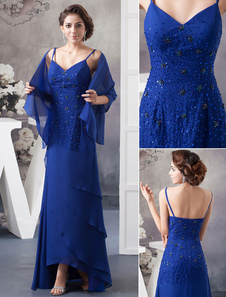 Robe de mariés de Mère fourreau en satin mat bleu roi à bretelles avec perles longueur plancher