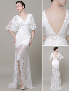 Robe de mariée ivoire gracieuse sirène en dentelle avec dentelle col V avec traîne